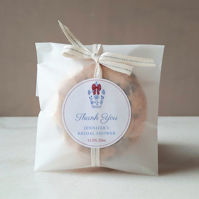 Holidays Red Bow Ginger Jar Thank You Favour Classic Round Sticker (Festive Bridal Shower Favor sticker design featuring a watercolor blue white ginger jar with red bow)