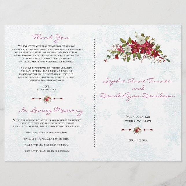 Holidays Red Poinsettia Snowflakes Wedding Program (Front)