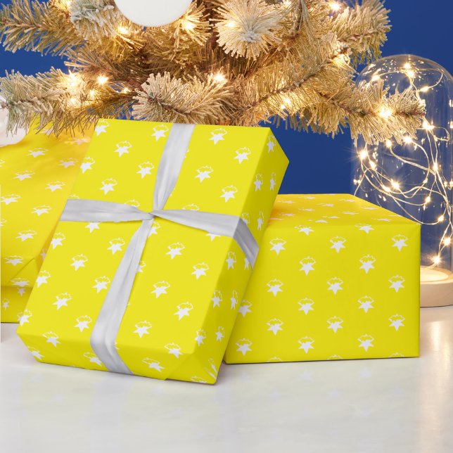 Holidays yellow white snowflakes snow stars gift wrapping paper (Holidays)