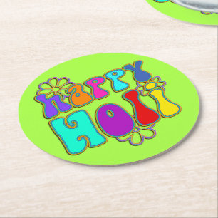 holiES - HAPPY HOLI coloured outline flowers 1 Round Paper Coaster