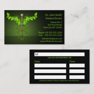 Holistic Alternative Medical Caduceus Green Leaves Appointment Card