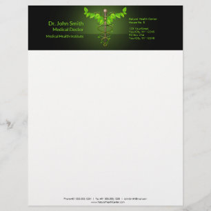 Holistic Alternative Medical Caduceus Green Leaves Custom Letterhead