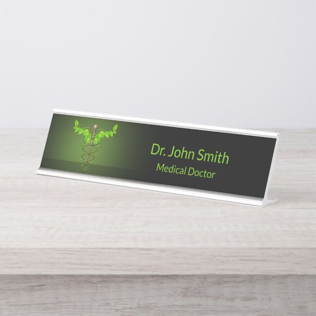 Holistic Alternative Medical Caduceus Green Leaves Desk Name Plate (Front)