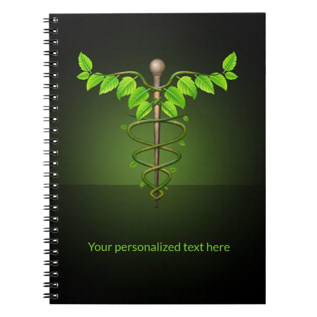 Holistic Alternative Medical Caduceus Green Leaves Notebook (Front)