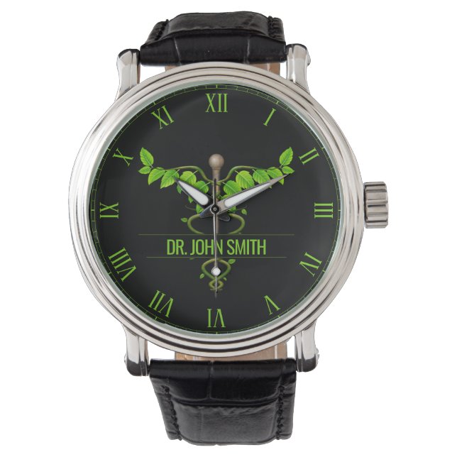 Holistic Alternative Medical Caduceus Green Leaves Watch (Front)