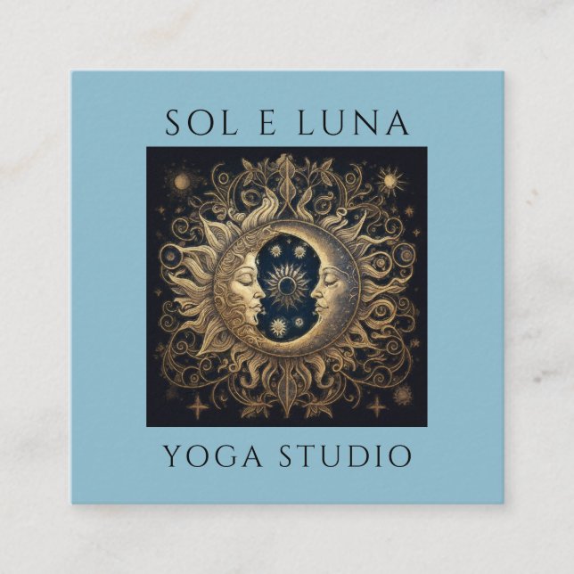 Holistic Celestial Gold Black Sun Moon Blue Square Business Card (Front)