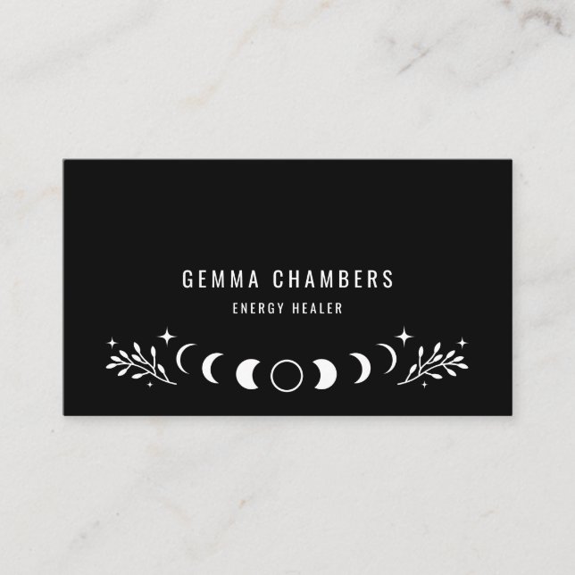 Holistic Celestial Moon Phases Black Business Card (Front)