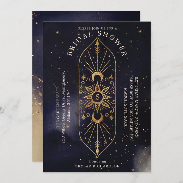 Holistic Celestial Sun & Moon Navy Bridal Shower Invitation (Front/Back)