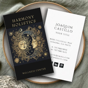 Holistic Celestial Sun Moon Stars Gold Black Business Card