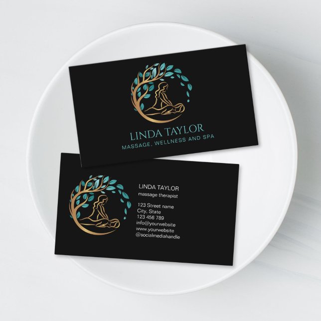 Holistic Massage Therapist Wellness Spa Business Card (massage therapist logo with golden tree business card)