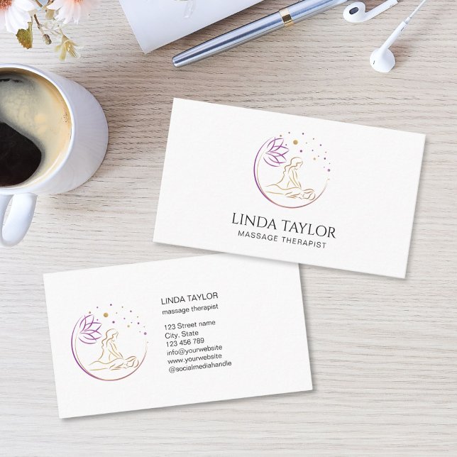 Holistic Massage Therapy Healer Energy Business Card (massage therapist logo with golden purple lotus flower)