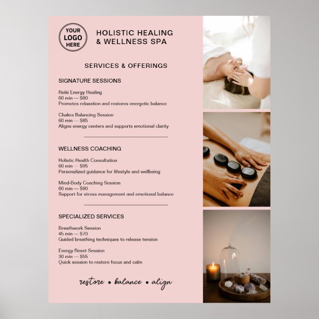 Holistic Wellness Services Menu Pink Poster (Front)