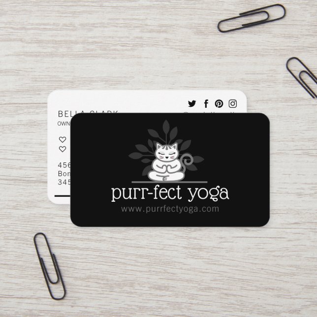 Holistic Yoga Cat Meditating Yoga Pose Black Business Card (Front/Back In Situ)