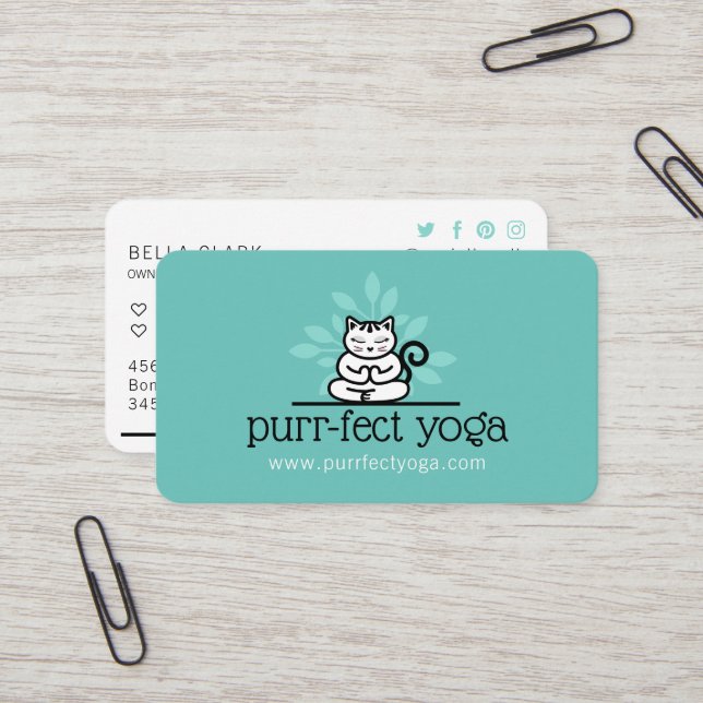 Holistic Yoga Cat Meditating Yoga Pose Teal Business Card (Front/Back In Situ)