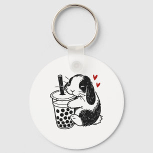 Holland Lop Rabbit Loves Boba Tea Bunny And Bubble Key Ring