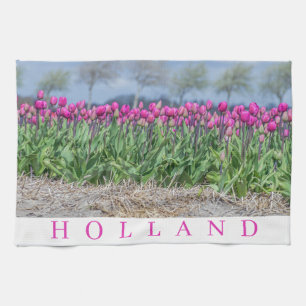 Holland pink tulips tea towel