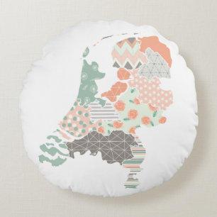 Holland Province Map Geometric Patchwork Style Round Cushion