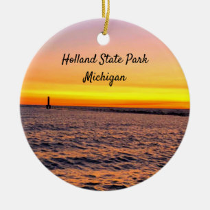 Holland State Park Michigan Pier Sunset Ceramic Ornament