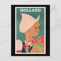 Holland, vintage poster, Dutch girl with tulips,