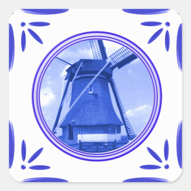 Holland Windmill Delft-Blue-Tile-Look Printed Square Sticker (Front)