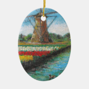 Holland Windmill Tulip Fields Painting Ceramic Tree Decoration