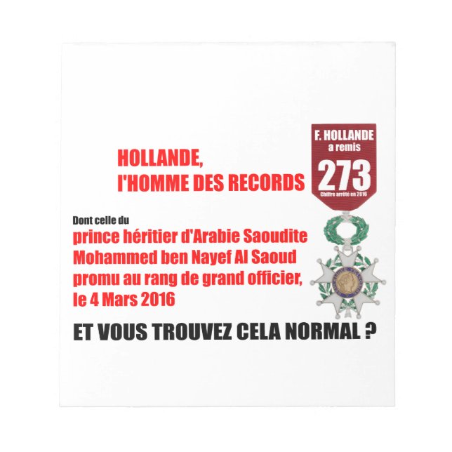 Hollande Record Legions d'Honneur - Notepad (Front)