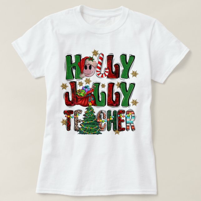 Holly A Jolly Teacher Christmas Tree Lights Leopar T-Shirt (Design Front)