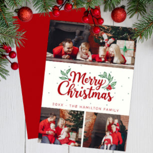 Holly Accent 3 Photo Merry Christmas Card