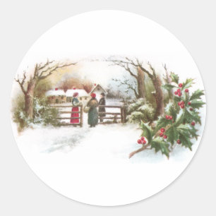 Holly and a Chat by the Gate Vintage Christmas Classic Round Sticker