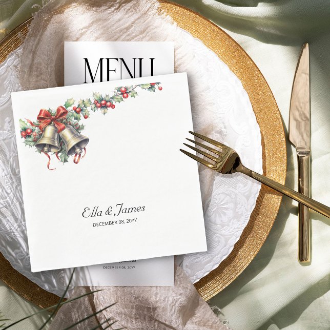 Holly and Bells Personalised Winter Wedding Napkin (Wedding Napkins from the Holly Bells Wedding Collection by Darling and May)