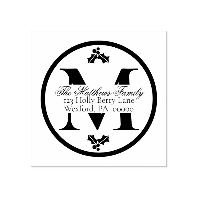 Holly and Berries Christmas Holiday Monogram Rubber Stamp (Imprint)
