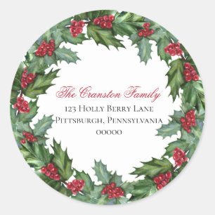 Holly and Berries Christmas Holiday Return Address Classic Round Sticker