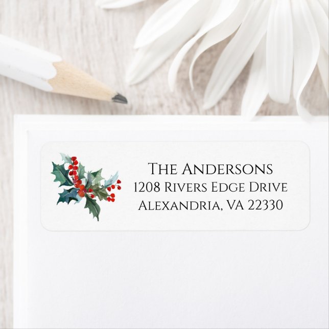 Holly and Berries Christmas Holiday Return Address Label (Insitu)