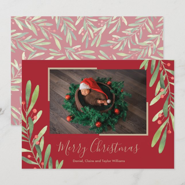Holly and Berries Christmas Photo Holiday Card (Front/Back)