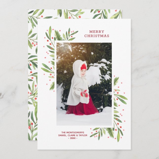 Holly and Berries Christmas Photo Holiday Card (Front/Back)
