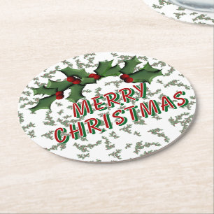 Holly and Berries Christmas Round Paper Coaster