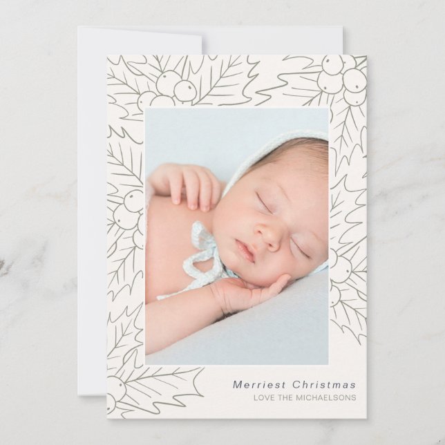 Holly and Berries Cream and Sage Photo Christmas Holiday Card (Front)