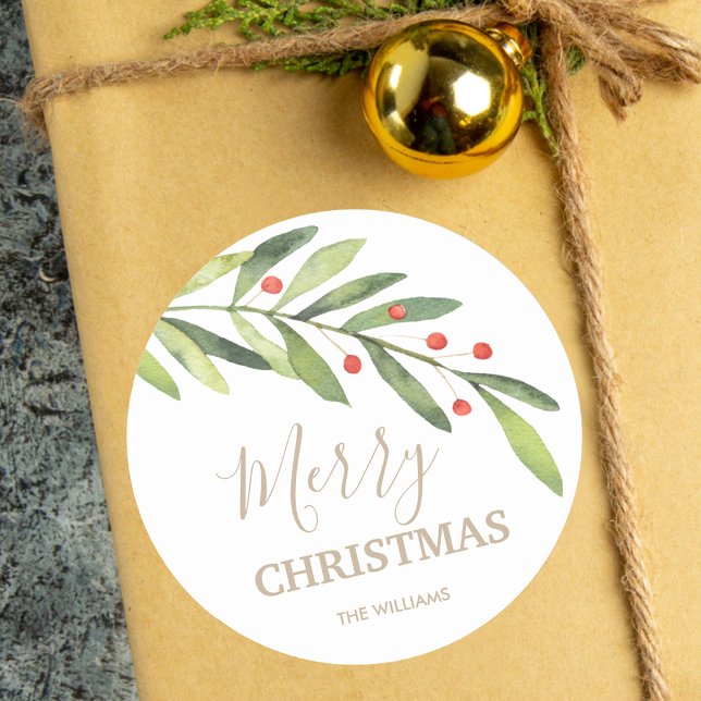 Holly and Berries Holiday Christmas Classic Round Sticker (Creator Uploaded)