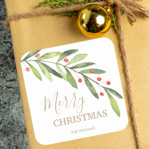 Holly and Berries Holiday Christmas Square Sticker