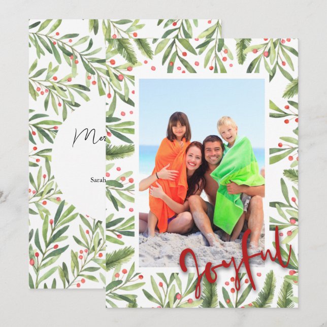 Holly and Berries Joyful Christmas Photo Holiday Card (Front/Back)