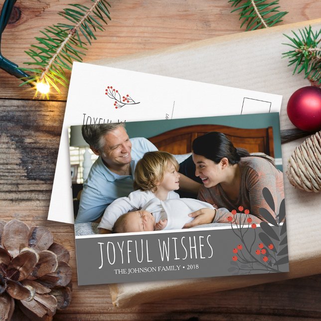 Holly and Berries Joyful Wishes Christmas Photo Holiday Postcard (Holly and Berries Joyful Wishes Christmas Photo Holiday Postcard)