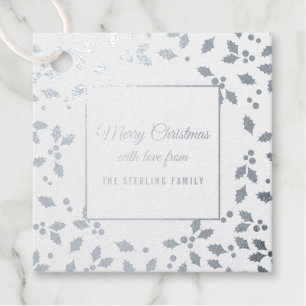 Holly and berries Merry Christmas silver foil Favour Tags