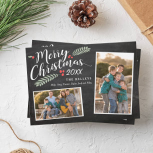 Holly and Berries Merry Christmas Two Photo Holiday Card