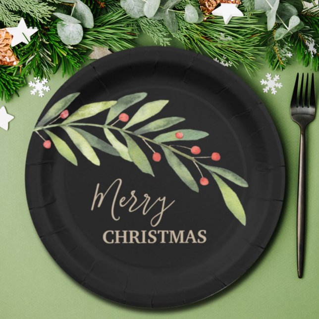 Holly and Berries on Black Christmas Paper Plate (Creator Uploaded)