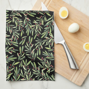Holly and Berries on Black Holiday Christmas Tea Towel