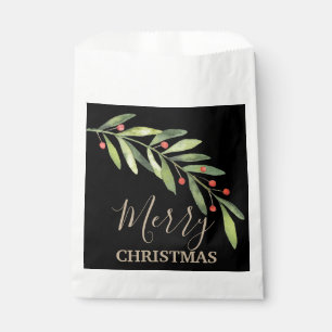 Holly and Berries on Black Merry Christmas Favour Bag