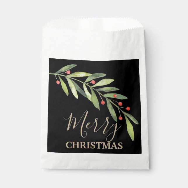 Holly and Berries on Black Merry Christmas Favour Bag (Front)