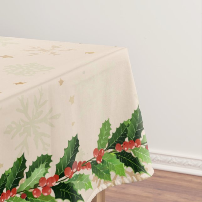 Holly and Berries on Gold Snowflake Tablecloth (In Situ)