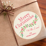 Holly and Berries on Ivory Christmas Holiday Classic Round Sticker<br><div class="desc">Personalised holiday Christmas ROUND stickers with a stylish, modern watercolor of green holly and red berries on a pale ivory stripe background with your greeting and info in chic lettering. Click the PERSONALIZE button, then Customise further link to arrange, add or delete text; change fonts and font colours. **ALL STICKER...</div>