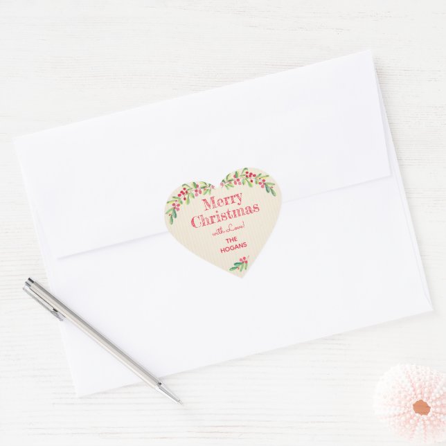 Holly and Berries on Ivory Christmas Holiday Heart Sticker (Envelope)